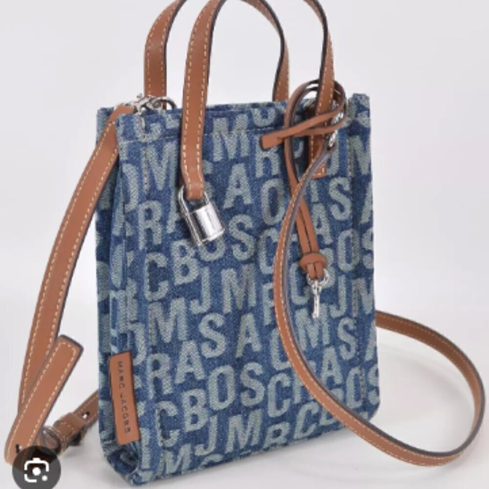 NWT! Marc Jacobs The Jumbo Logo Jacquard Micro Grind Denim Tote Crossbody - Picture 2 of 7